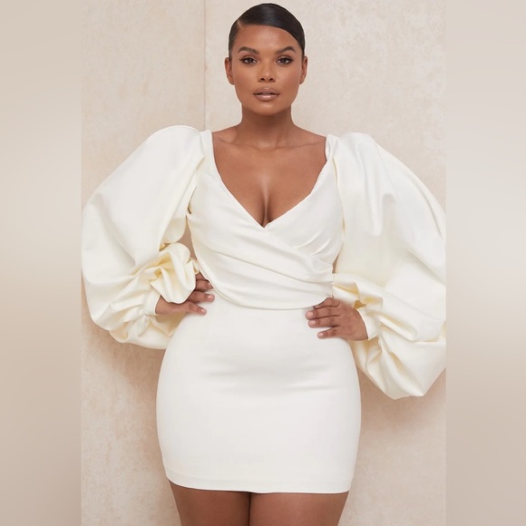 House of CB Dresses House Of Cb Carlyn Ivory Satin Balloon Sleeve